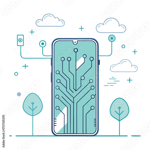Stylized smartphone displaying a circuit board pattern, connected to cloud icons and a smart device, with trees below.