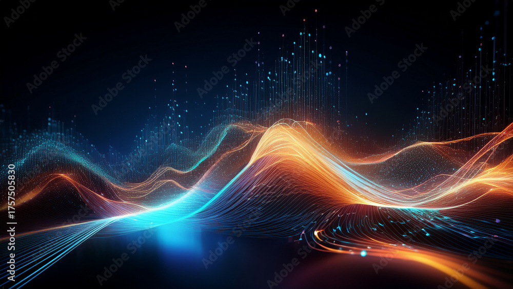 Naklejka premium Abstract Data Stream Blue and Orange Light Waves on Dark Background Digital Network Concept