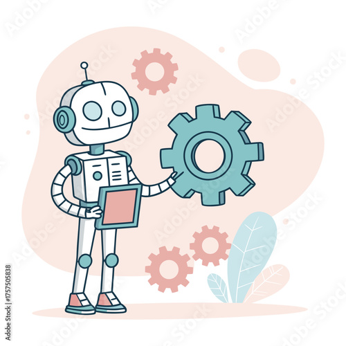 Cartoon robot holding a gear and a tablet, surrounded by gears and plants on a light background.