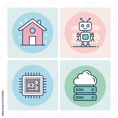 A collection of four icons depicting a house, a robot, a microchip, and a cloud server, each set against a pastel colored background.