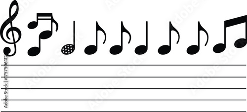 Treble Clef and Musical Notes on Staff – Black and White Vector for Sheet Music, Education, Composition, and Music Theory Graphics