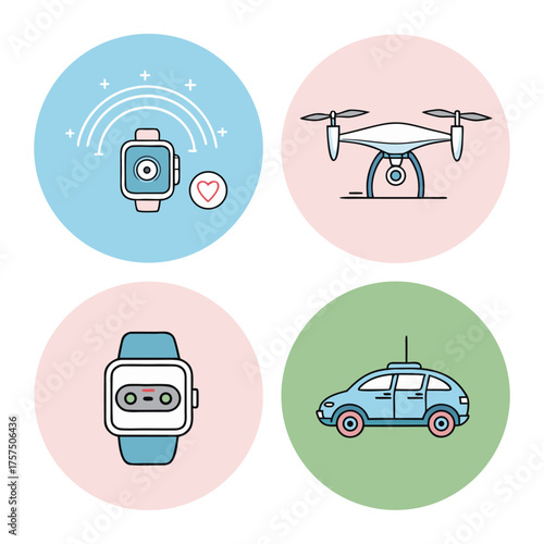 Four circular icons depicting a smartwatch with heart rate, a drone, another smartwatch, and a remote control car.
