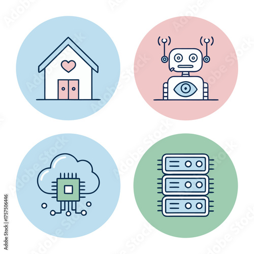 Four circular icons depicting a house with a heart, a robot, a cloud with a chip, and server racks, each with a distinct pastel background.