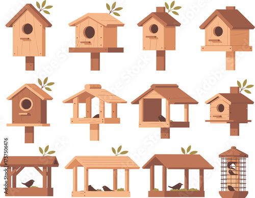 Wooden birdhouses and feeders set, flat vector illustration of outdoor garden nesting boxes for birds, natural eco backyard decor.