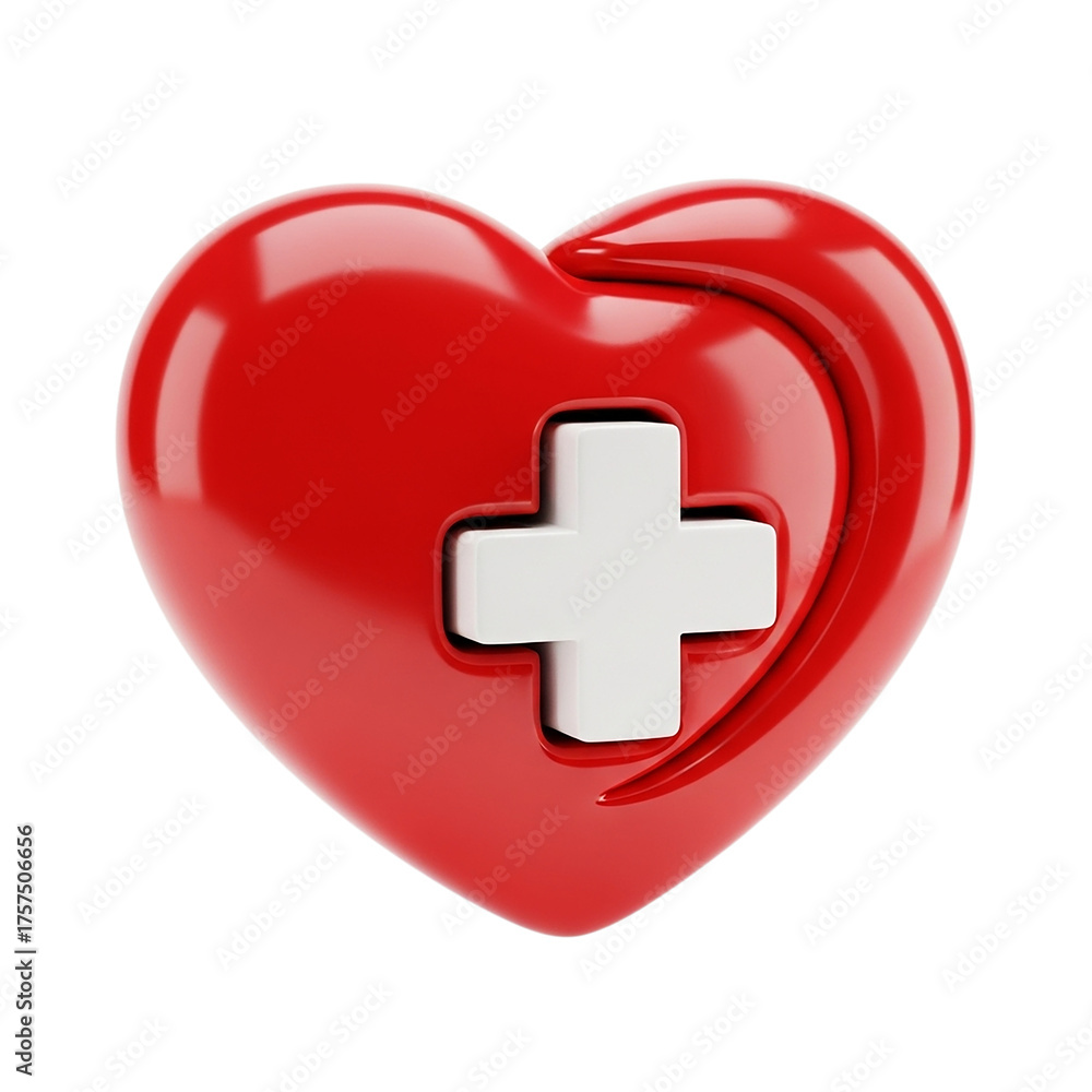 Fototapeta premium Red heart with white cross first aid glossy healthcare medicine charity illustration symbol on transparent background