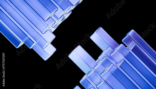 Futuristic blue glass rectangles on black background, creating modern abstract design