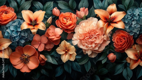 Lush Floral Tapestry: Vibrant Orange and Peach Blooms Amidst Deep Teal Foliage
