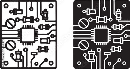 Vector art of circuit board icon, showcasing intricate electronic components and connections, representing technology, electronics, and the complex network of a computer system outline icon on