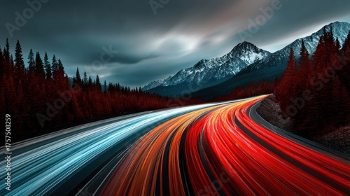 Long Exposure Highway Trails: Red and Blue Light Streaks Through Mountain Landscape