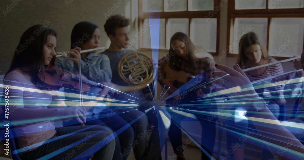 Fototapeta premium Conductor's baton directing six musicians playing violin, flutes, horn and guitar in studio