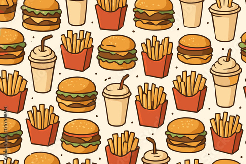 Colorful pattern of burgers, fries, and milkshakes on a light background filled with fun fast food icons