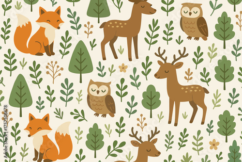 Whimsical forest scene featuring animals like foxes, deer, and owls among lush green trees and plants