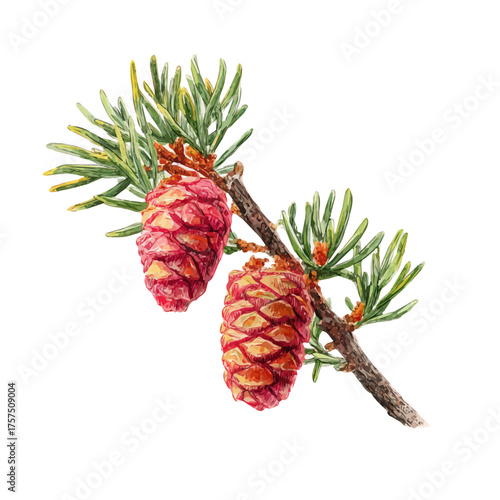 Pinecone Fruit On Branch, watercolor drawing vector, isolated on a white background.