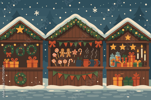 Winter market stalls with festive decorations, sweets, and gifts in a snowy landscape at night