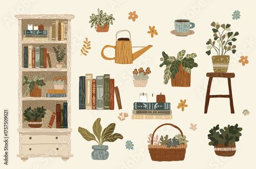 Cozy boho home library with plants books