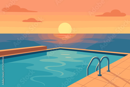 Relaxing sunset view over a calm pool beside the ocean in a serene evening atmosphere