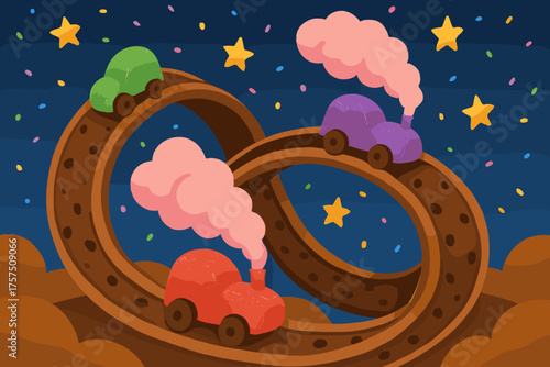Colorful toy cars race on a playful roller coaster track in a whimsical setting filled with stars