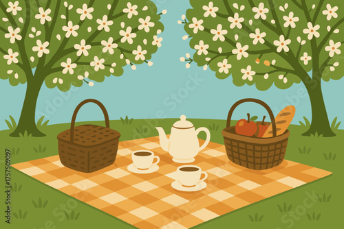 Sunny picnic setup with tea and fresh fruits under blooming trees in a green park