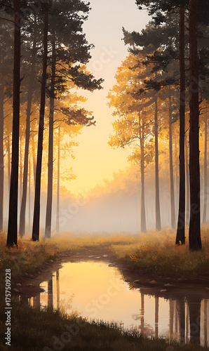 Sunlight streaming through misty forest trees at sunrise creating a magical landscape