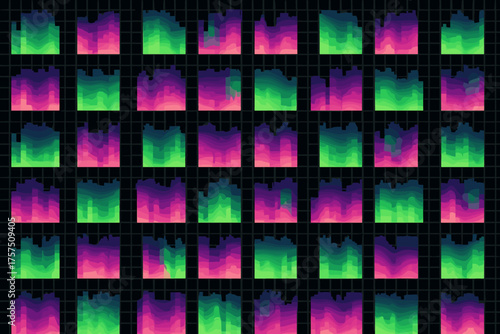 Colorful visualization of sound patterns displayed in a grid layout during an audio analysis session