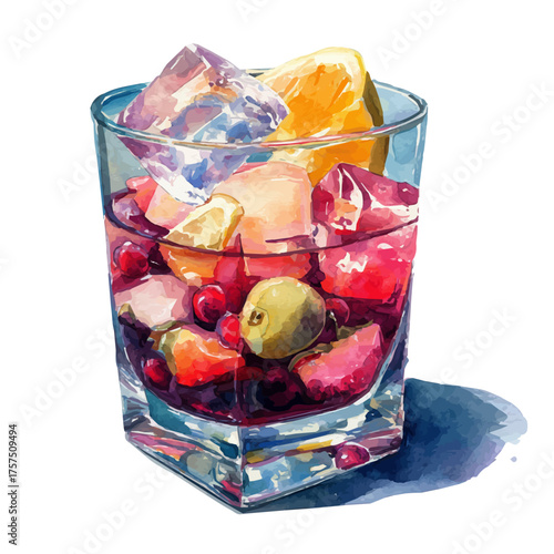 Sangria With Fruits And Ice, watercolor vector, isolated on a white background.