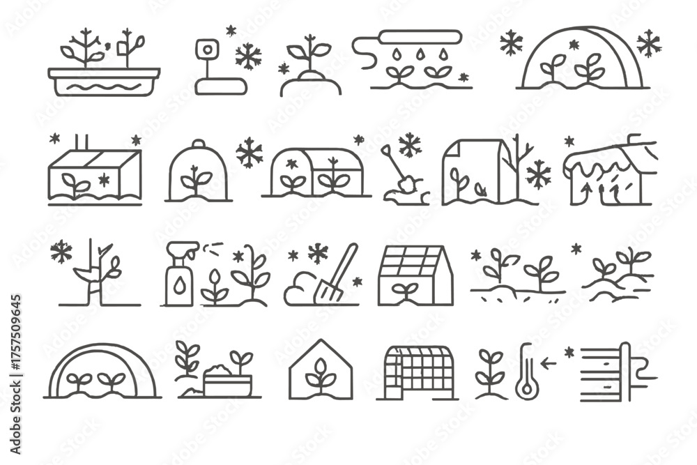 Obraz premium Gardening icons illustrating various plant care activities in winter settings with snowflakes and protective measures