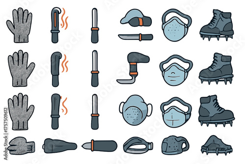 Collection of winter sports gear and safety items including gloves, masks, and ice skates for cold weather activities