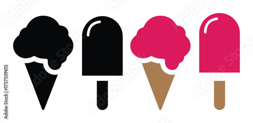 Ice Cream and Popsicle Icon Set in Black and Pink Colors