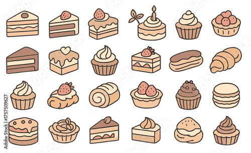Delicious assortment of desserts with cakes, cupcakes, and pastries arranged in a colorful display for a sweet treat