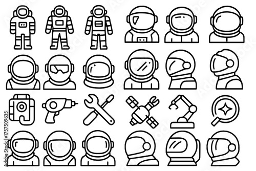 Collection of astronaut illustrations showcasing different suits and equipment for space exploration and missions