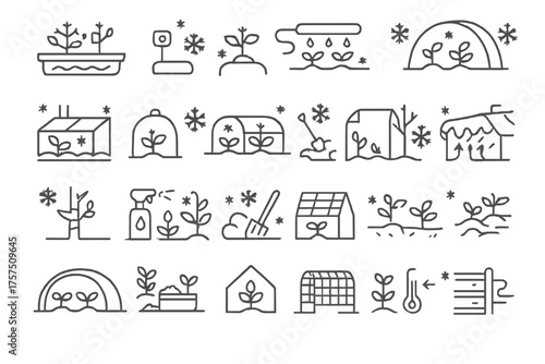 Gardening icons illustrating various plant care activities in winter settings with snowflakes and protective measures