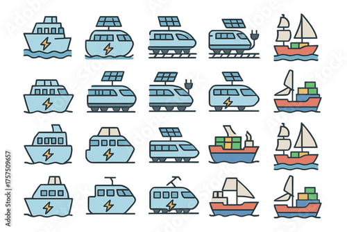 Various modes of electric transport showcasing sustainable energy sources in diverse settings