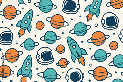 Colorful pattern of rockets, planets, and astronauts in a playful space theme