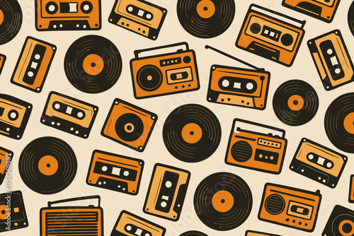 Vintage music equipment and vinyl records pattern design for retro-themed projects