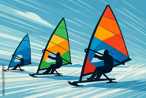 Windsurfing on ice in a vibrant and icy landscape during the winter season