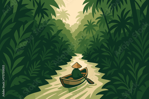 Paddling through a serene jungle river in the early morning light