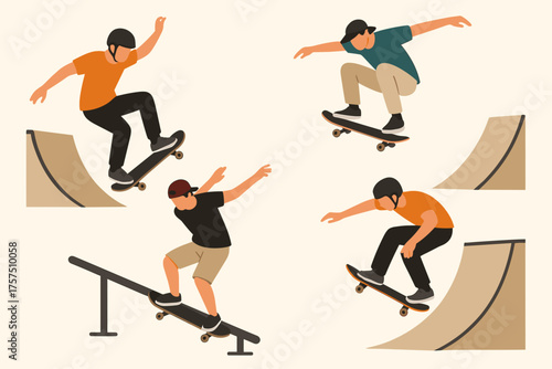 Skaters performing tricks at a skatepark during sunny afternoon sessions