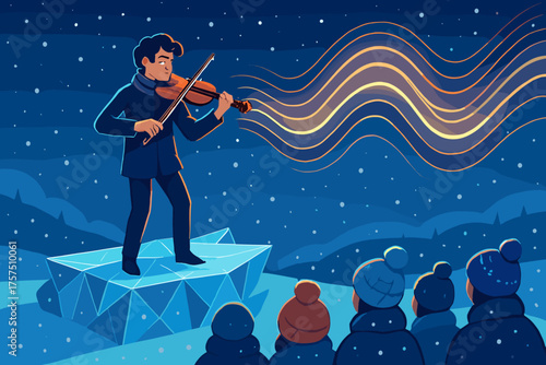 Winter evening concert features musician performing on ice while audience enjoys music under the stars