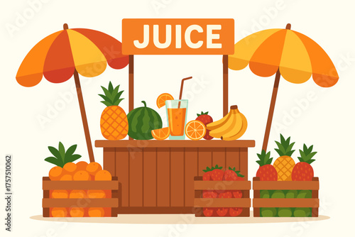 Vibrant juice stall with fresh fruits and colorful umbrellas during a sunny day