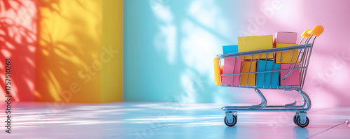 Shopping cart filled with colorful boxes stands against colorfull wall background, creating bright composition. Soft pastel tones gentle lighting, and subtle shadows enhance visual appeal for shopping