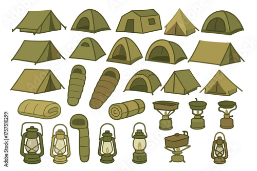 Different types of camping tents and equipment in various styles and sizes suitable for outdoor adventures and camping trips