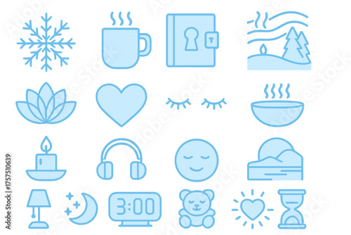 Winter relaxation symbols including warm drinks, nature elements, and cozy activities for stress relief
