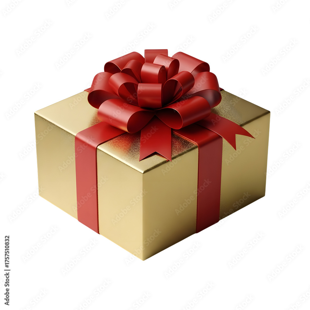 Obraz premium A golden gift box with a red ribbon and a large red bow, isolated on transparent background