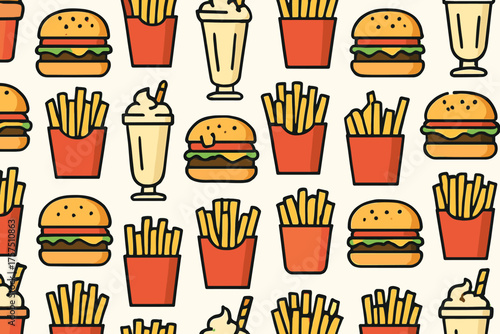 Fun patterns of burgers, fries, and milkshakes on a light background create a playful dining atmosphere
