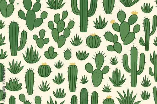 Cacti and succulents displayed in a vibrant pattern featuring various types on a light background