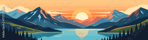 Sunrise over mountains and lakes vector illustration