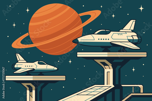 Space scene showcasing futuristic spacecraft on platforms with a large planet in the background
