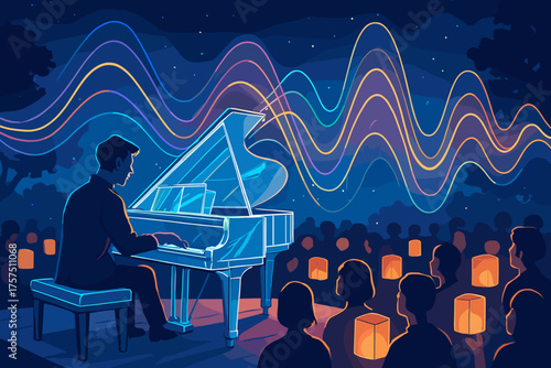 Pianist performing under a starry night sky with glowing lanterns illuminating the audience