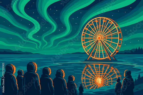 People watch a glowing ferris wheel under the aurora borealis on a calm lake at night