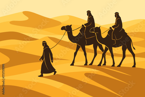 Desert travelers with camels crossing golden sands during sunset in a serene landscape